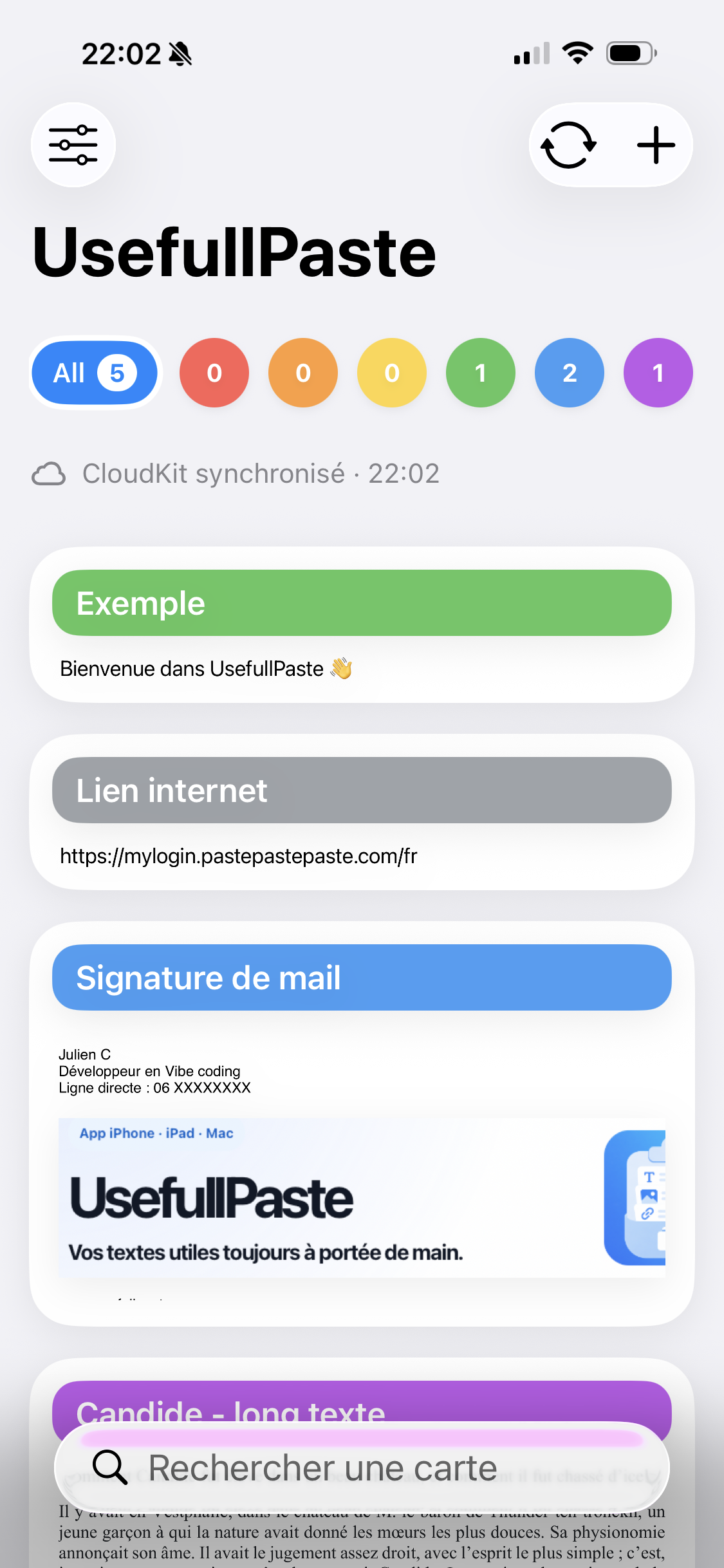 Écran principal de UsefullPaste avec catégories et cartes